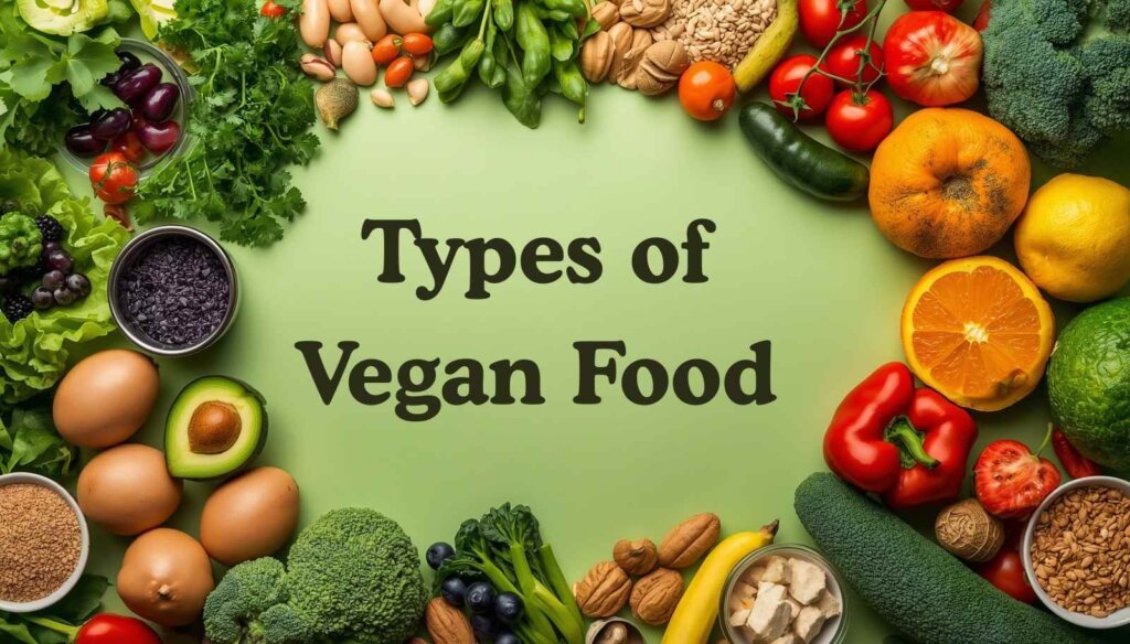 Types of Vegan Food in Hindi – Fresh fruits, vegetables, legumes, nuts, seeds, tofu, and plant-based foods arranged on a table