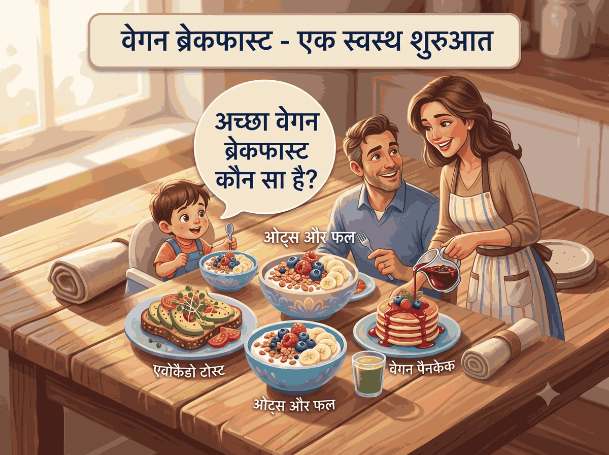 A vertical Pinterest graphic showing a happy family enjoying a healthy vegan breakfast at a wooden dining table. The mother is pouring syrup on vegan pancakes, while the father and young child smile. The table features avocado toast and fruit oats with Hindi text overlays that read "वेगन ब्रेकफास्ट - एक स्वस्थ शुरुआत" and "अच्छा वेगन ब्रेकफास्ट कौन सा है?
